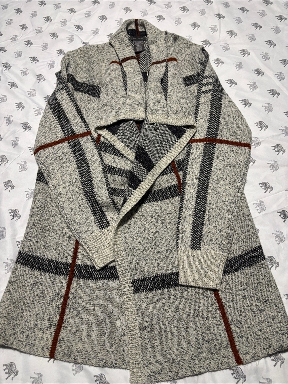 Suzy Shier Gray Knit Cardigan with Black and Brown Windowpane